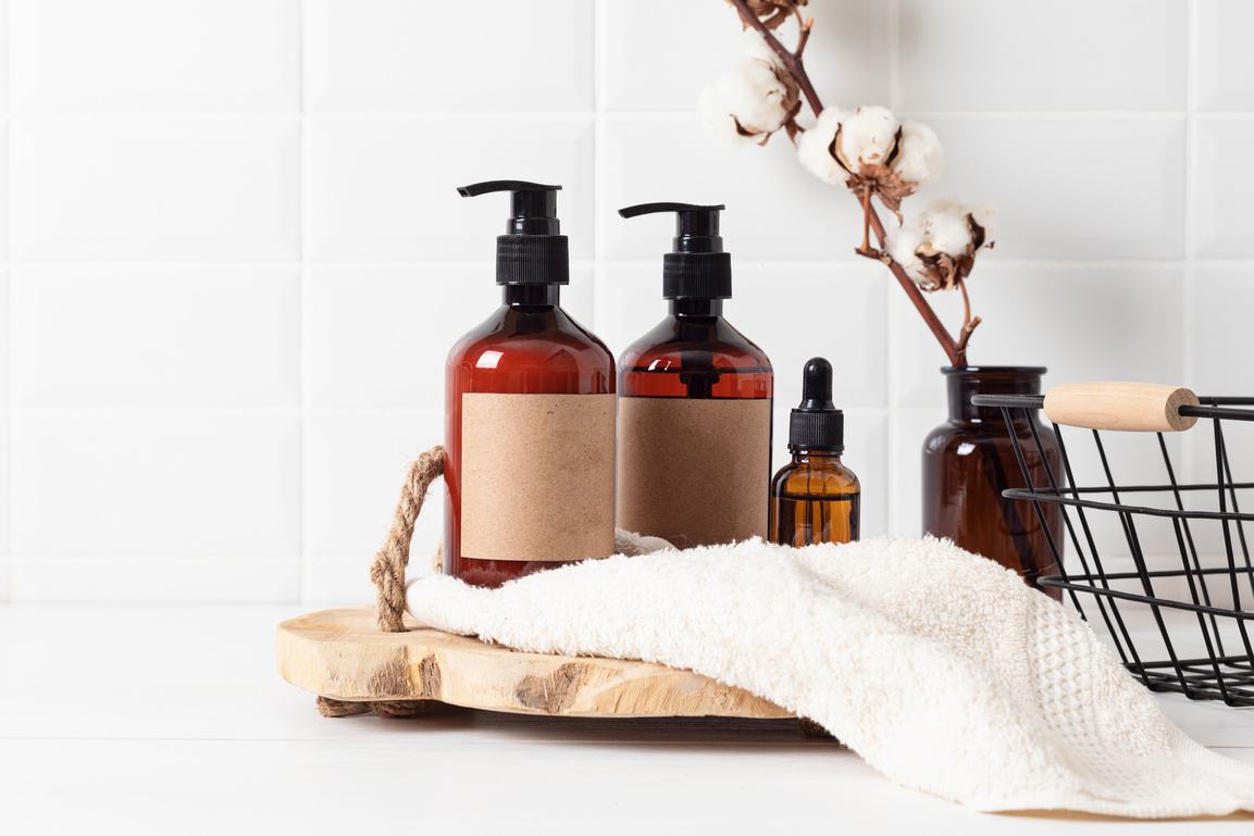 Bathroom styling and organization. Organic lifestyle and skin care products